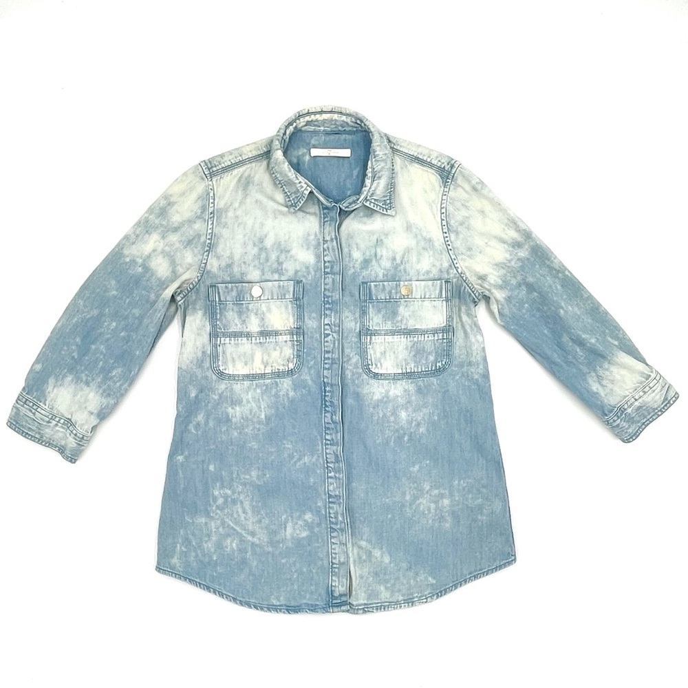 7 For All Mankind Bleached Chambray Shirt Cropped Sleeve Casual Artsy